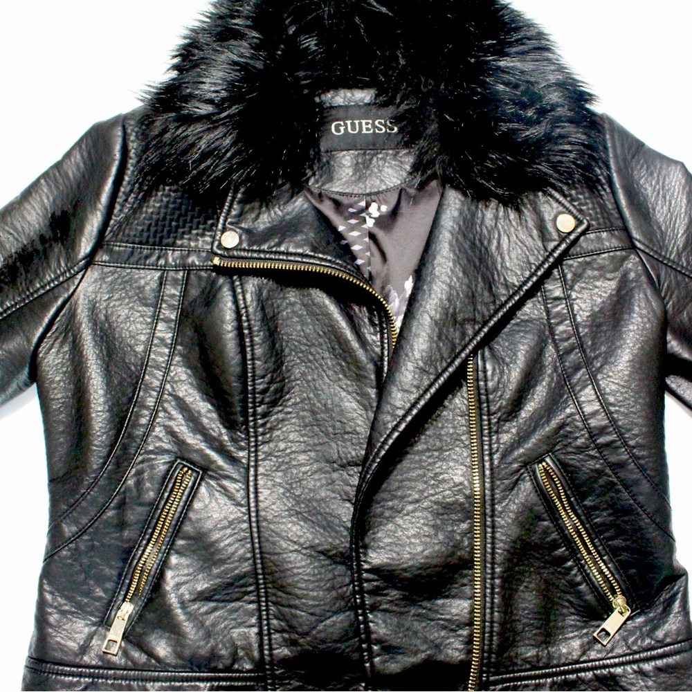GUESS Women's Full Zip Faux Leather Gold Accent Black Size M Jacket
